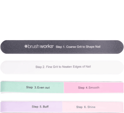 Brushworks 6 Way Shape and Shine Nail Buffer showing steps to shape, smooth, and shine nails.