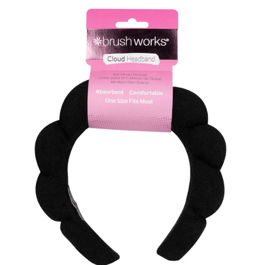 Brushworks Black Cloud Headband in bubble design; soft, absorbent, and comfortable for skincare routines.
