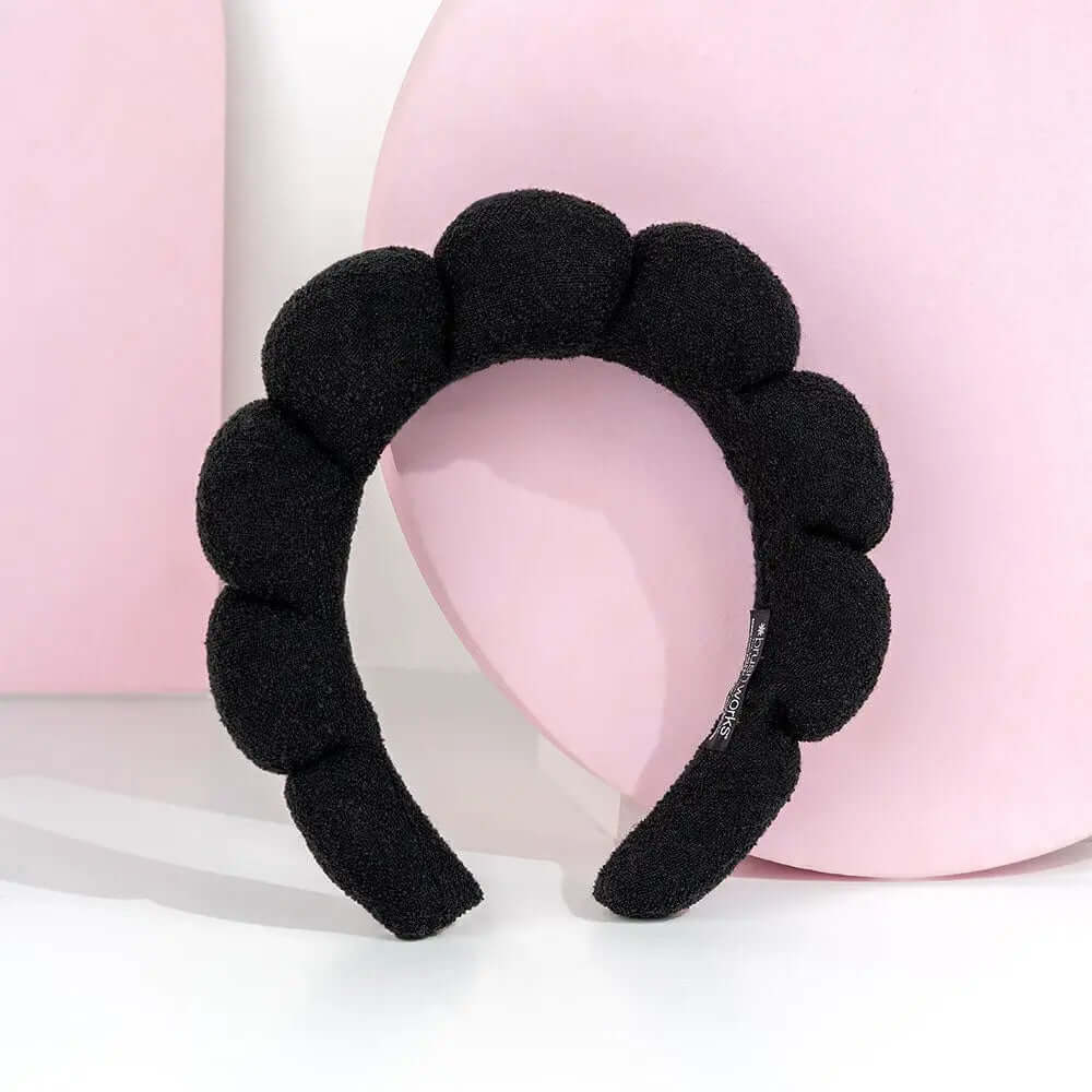 Brushworks Black Cloud Headband in stylish black with bubble design, perfect for skincare and beauty routines.