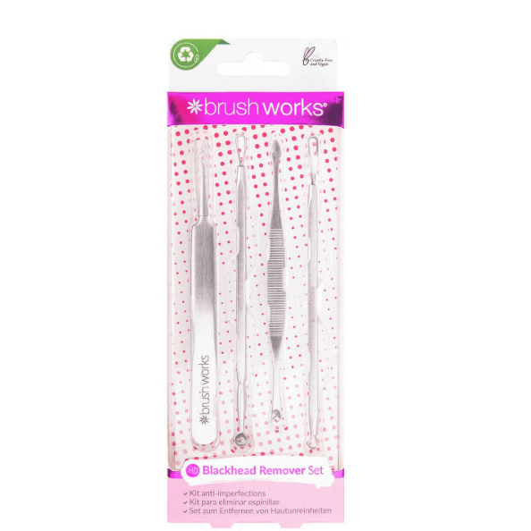 Brushworks Blackhead and Blemish Remover Set featuring four stainless steel tools for extracting impurities.