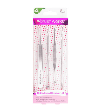 Brushworks Blackhead and Blemish Remover Set featuring four stainless steel tools for extracting impurities.