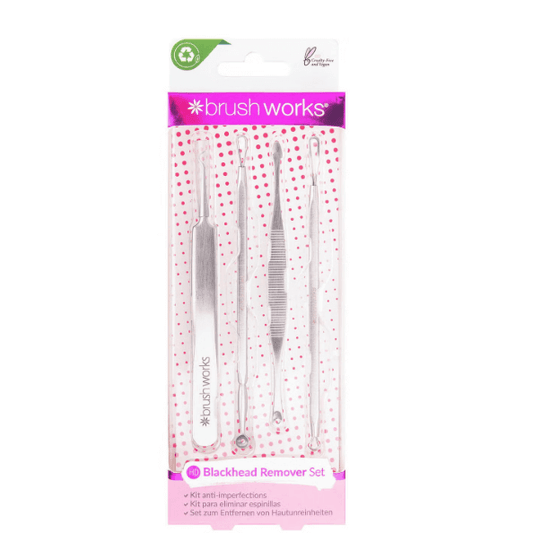 Brushworks Blackhead and Blemish Remover Set featuring four stainless steel tools for extracting impurities.