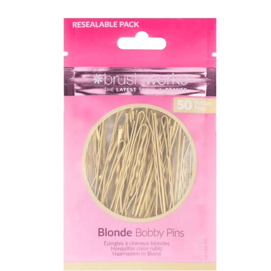 Brushworks Blonde Bobby Pins pack, ideal for secure hold on blonde or lightened hair, includes 50 bobby pins.