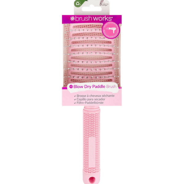 Brushworks Blow Dry Paddle Brush in pink packaging, ideal for quick blow-drying and suitable for all hair types.