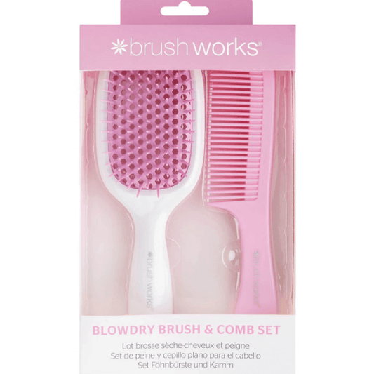 Brushworks Blowdry Brush and Comb Set in pink packaging for efficient hair drying and detangling.