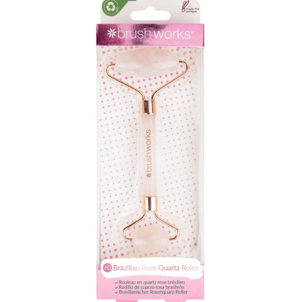 Brushworks Brazilian Rose Quartz Stone Roller in packaging, designed for facial massage and skincare absorption.