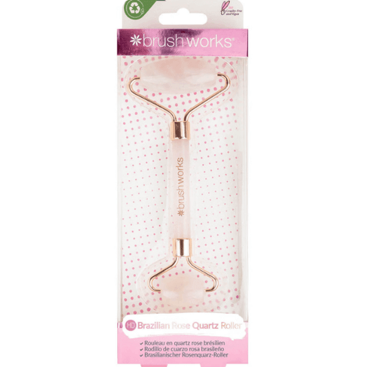 Brushworks Brazilian Rose Quartz Stone Roller in packaging, designed for facial massage and skincare absorption.