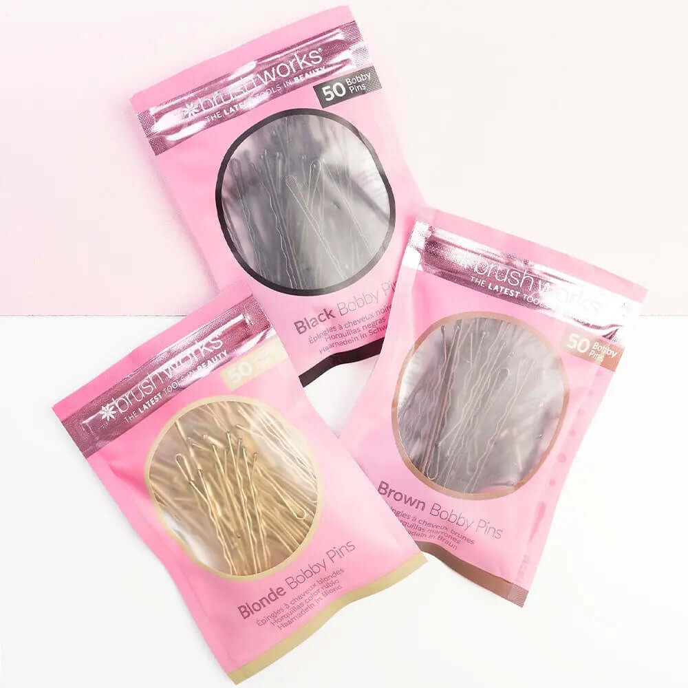 Brushworks Brown, Blonde, and Black Bobby Pins packaging, perfect for styling and securing hair.