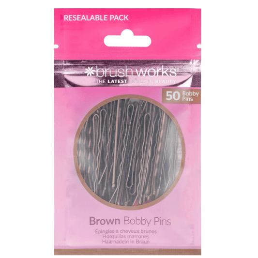 Brushworks Brown Bobby Pins pack containing 50 pins, ideal for securing brunette hair styles in place.