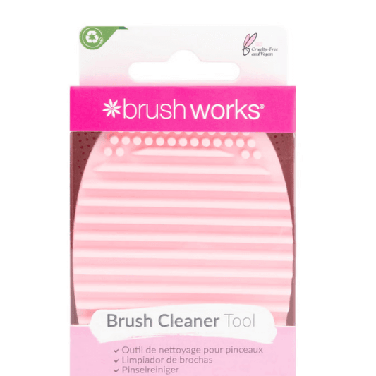 Brushworks Brush Cleaner Tool packaging showcasing ergonomic design for effective makeup brush cleaning.