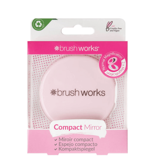 Brushworks Compact Mirror in hot pink packaging, perfect for on-the-go beauty touch-ups, cruelty-free and vegan.
