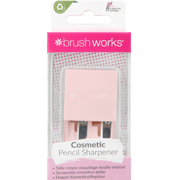 Brushworks Cosmetic Pencil Sharpener in pink packaging, designed for neat makeup application and mess-free sharpening.