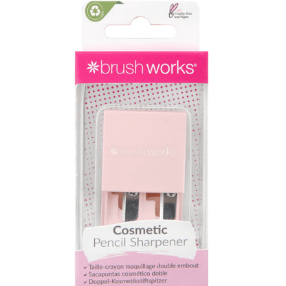 Brushworks Cosmetic Pencil Sharpener in pink packaging, designed for neat makeup application and mess-free sharpening.