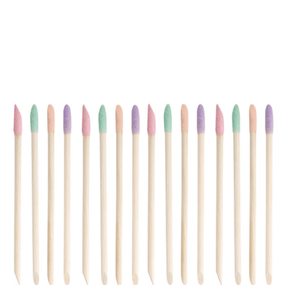 Brushworks Cuticle Crystal Sticks set displaying 16 dual-ended wooden cuticle sticks in pastel colors.