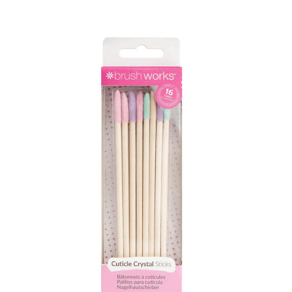 Brushworks Cuticle Crystal Sticks pack showing pastel-colored dual-ended sticks for nail care