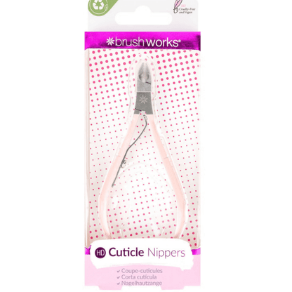 Brushworks Cuticle Nippers in packaging, stainless steel tool for precise, pain-free cuticle trimming and nail care.