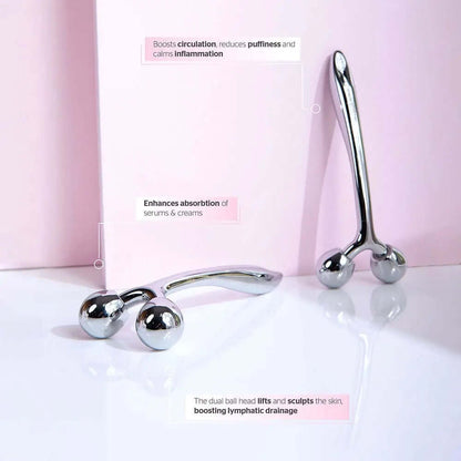 Brushworks Face Sculpting Zinc Roller for facial massage, boosting circulation and enhancing serum absorption.