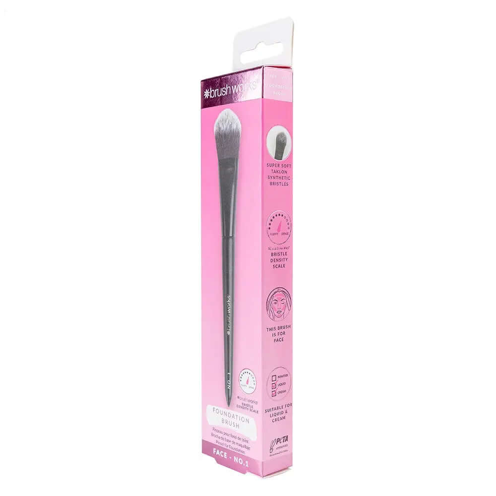 Brushworks Foundation Brush packaging, designed for smooth makeup application with soft synthetic fibers.