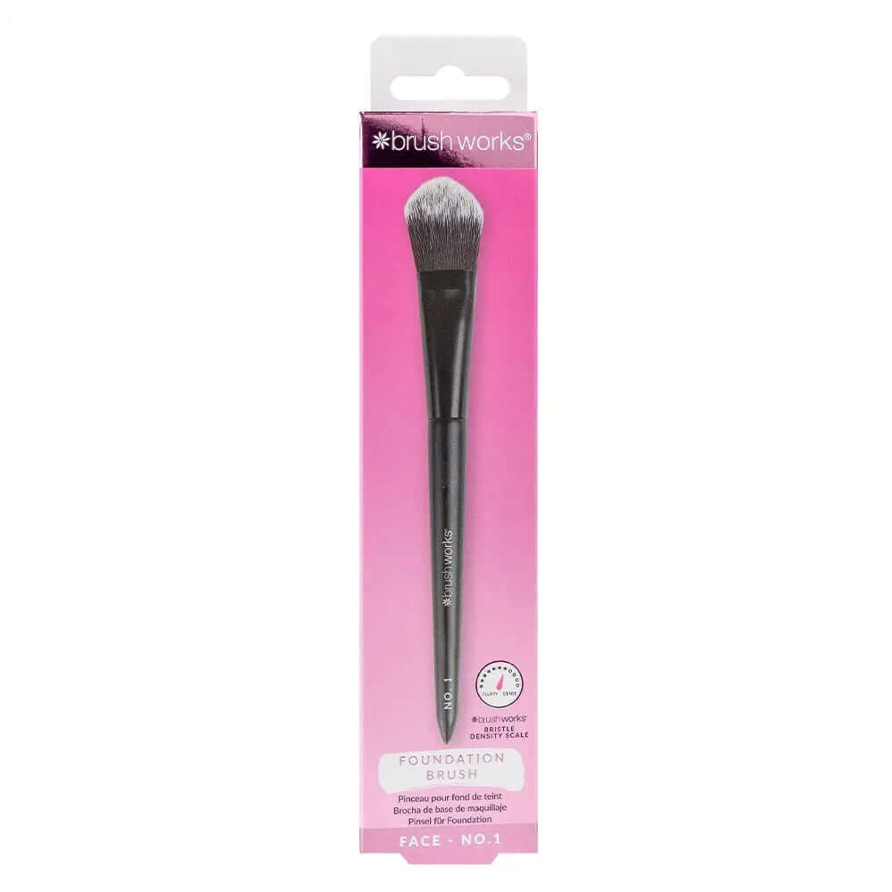 Brushworks Foundation Brush packaging showcasing a high-quality flat brush for seamless makeup application.