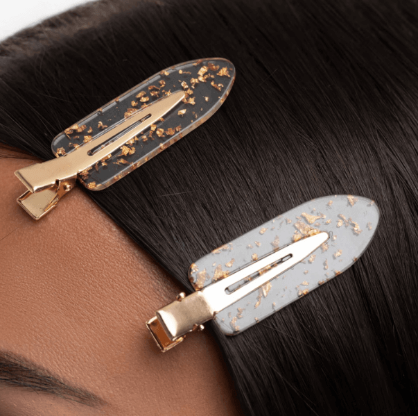 Brushworks Gold Flake No Crease Clips on hair, stylish and lightweight, preventing kinks while keeping hair intact.