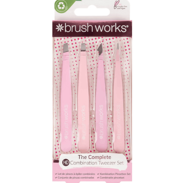 Brushworks HD 4 Piece Combination Tweezer Set in pink, ideal for makeup applications and precision grooming.