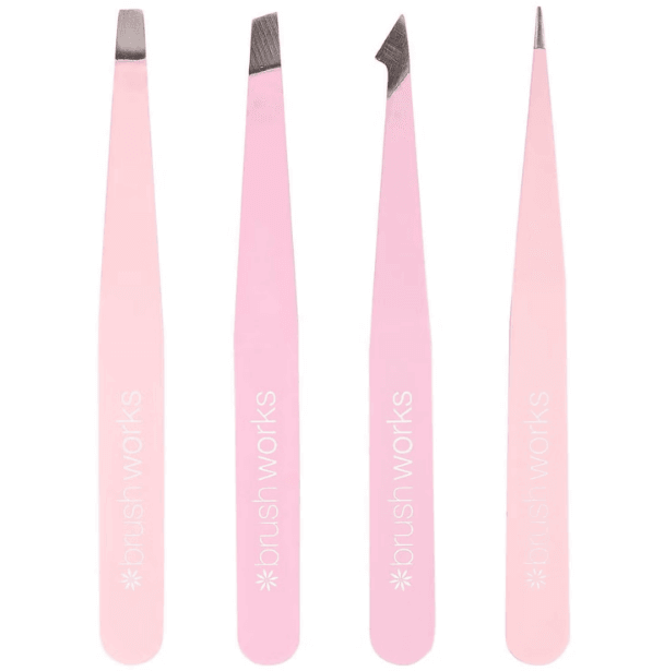 Brushworks HD 4 Piece Combination Tweezer Set in pink, featuring precision tweezers for various beauty tasks.