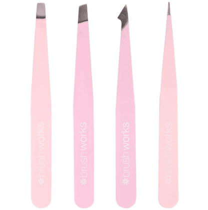 Brushworks HD 4 Piece Combination Tweezer Set in pink, featuring precision tweezers for various beauty tasks.