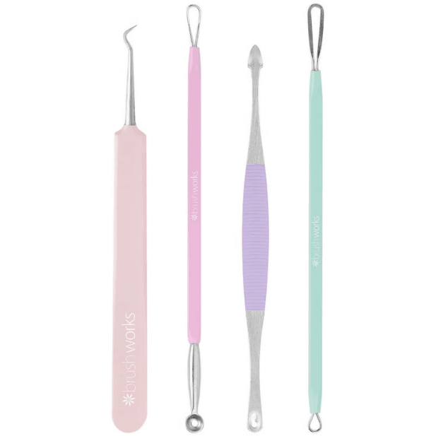 Brushworks HD Blackhead and Blemish Remover Set featuring four stainless steel extraction tools in pastel colors.