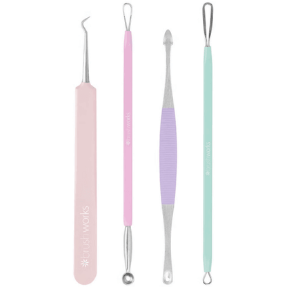 Brushworks HD Blackhead and Blemish Remover Set featuring four stainless steel extraction tools in pastel colors.