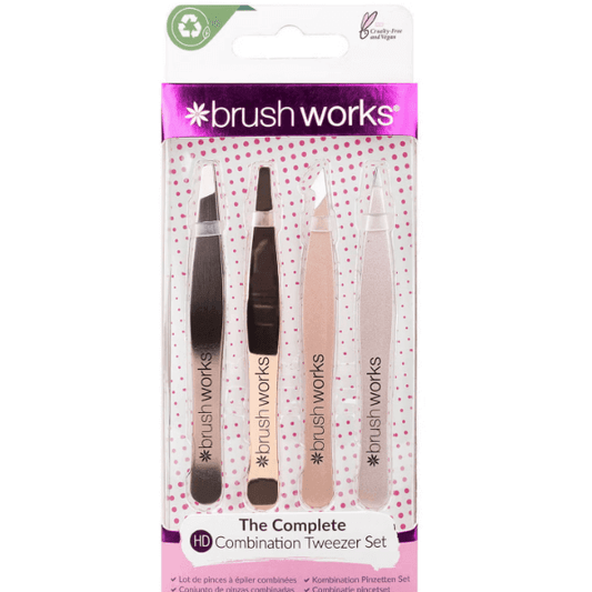 Brushworks HD Combination Tweezer Set featuring four tweezers for precise eyebrow grooming and shaping.
