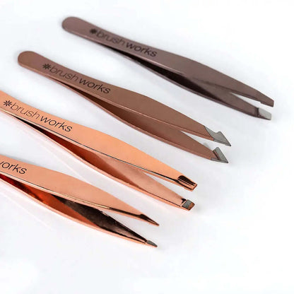 Brushworks HD Combination Tweezer Set in gold, showcasing precision grooming tools for perfect eyebrows.