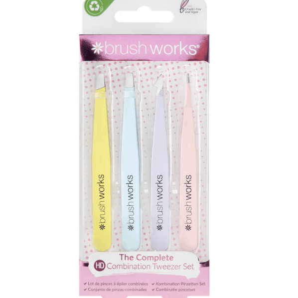 Brushworks HD Combination Tweezer Set - Mixed, 4 stylish tweezers for precise eyebrow grooming and maintenance.