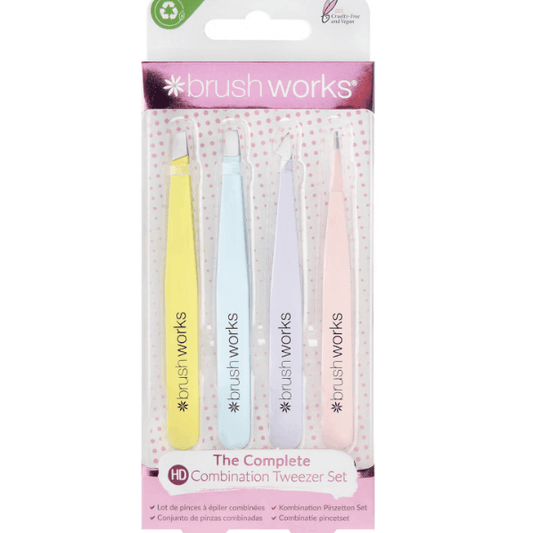 Brushworks HD Combination Tweezer Set - Mixed, 4 stylish tweezers for precise eyebrow grooming and maintenance.