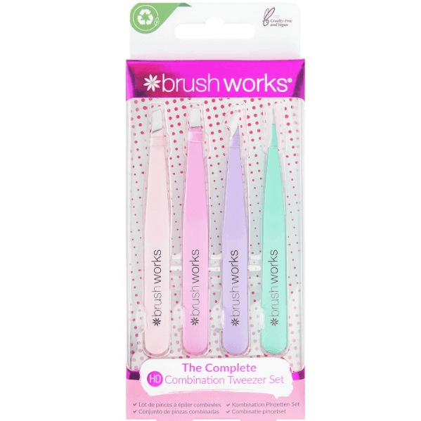 Brushworks HD Combination Tweezer Set in pastel colors for precise eyebrow grooming and shaping.