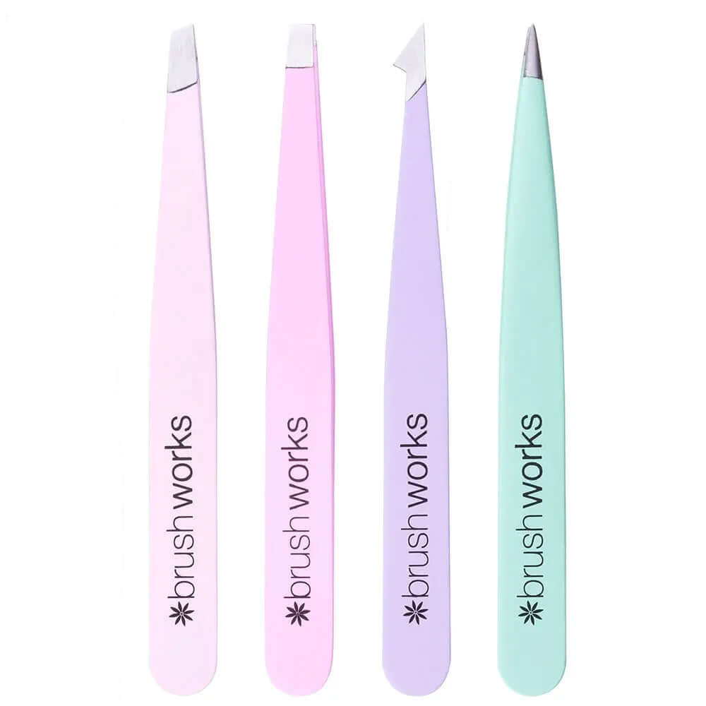 Brushworks HD Combination Tweezer Set in pastel colors, featuring slanted tweezers for precise brow grooming and styling.