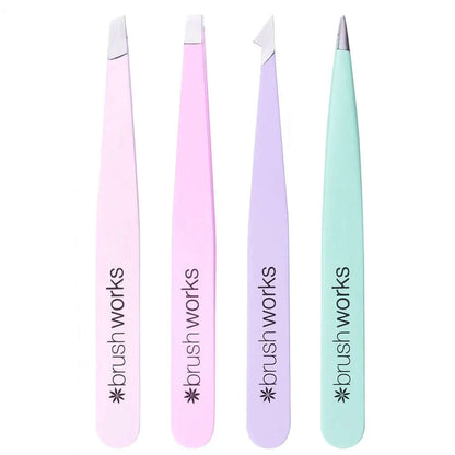 Brushworks HD Combination Tweezer Set in pastel colors, featuring slanted tweezers for precise brow grooming and styling.
