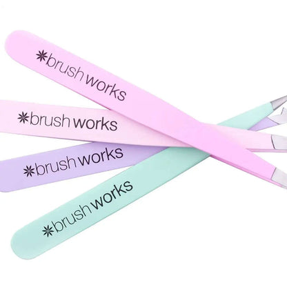 Brushworks HD Combination Tweezer Set in pastel colors for precise eyebrow grooming and shaping.