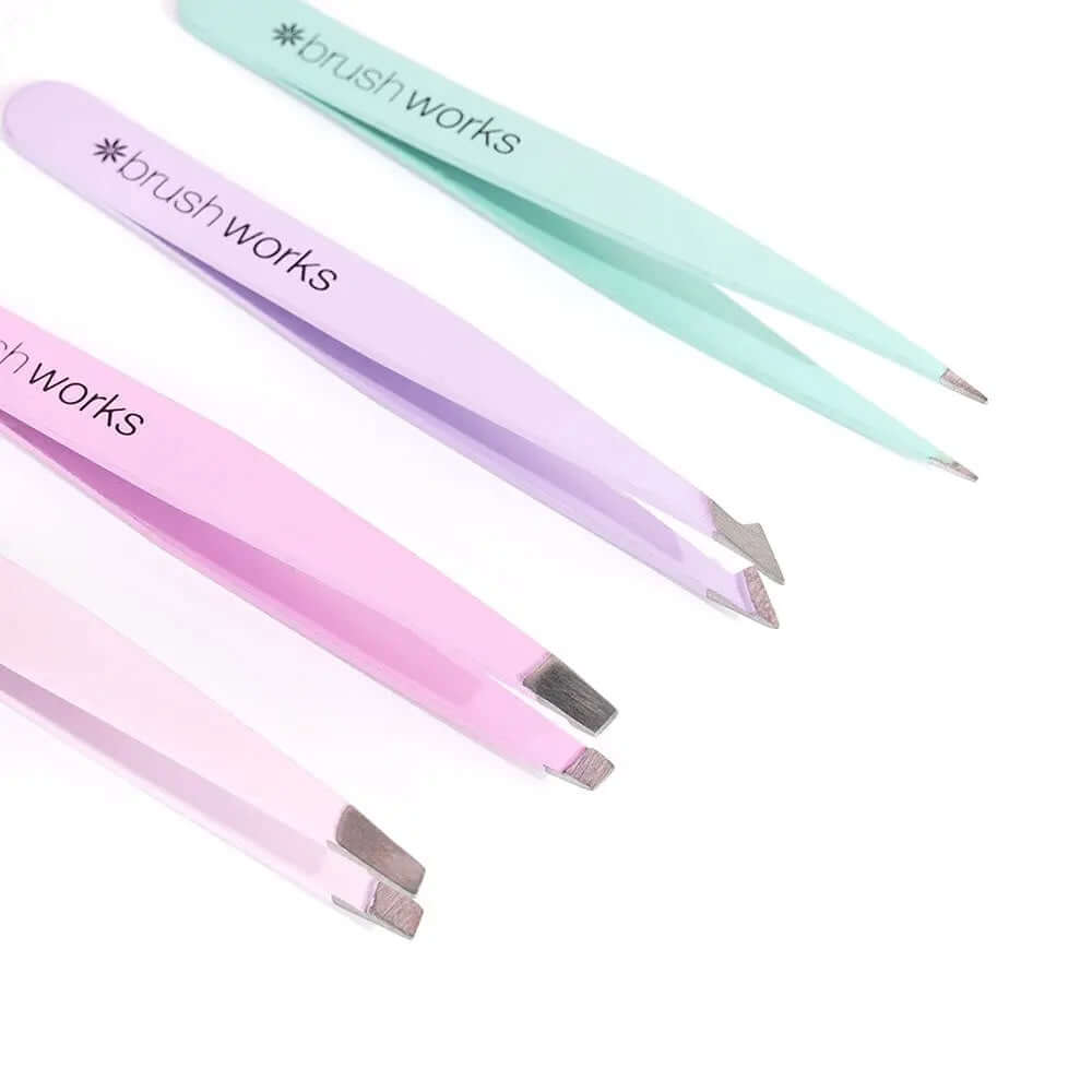Brushworks HD Combination Tweezer Set in pastel colors for precise eyebrow grooming and styling.