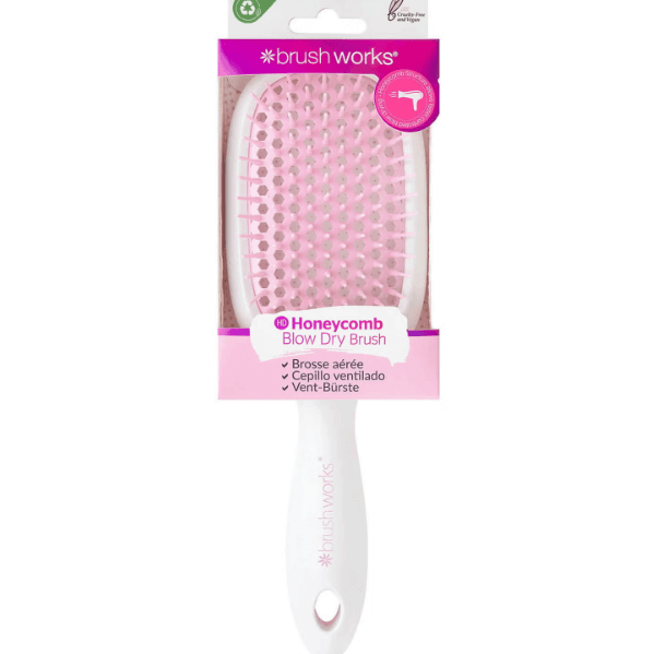 Brushworks HD Honey Comb Hair Brush in pink packaging, designed for smooth blow-drying and gentle on the scalp.