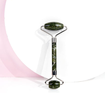 Brushworks Green jade roller with brand name on a white background