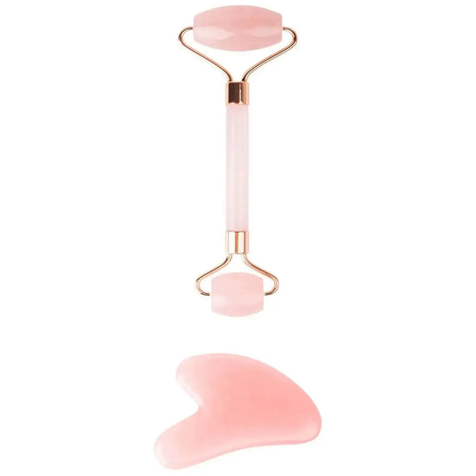 Brushworks HD Rose Quartz Resin Roller and Gua Sha massage set for soothing skin and reducing puffiness.