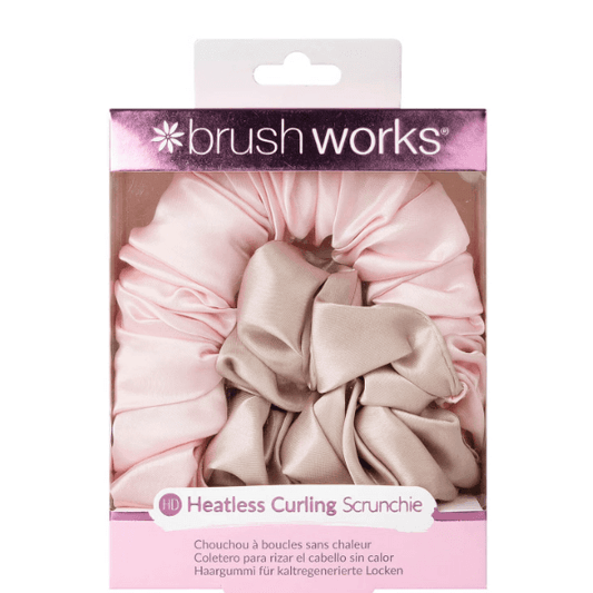 Brushworks Heatless Curling Scrunchie packaging in pink and beige, designed for heatless hair curling.