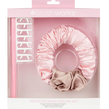 Brushworks Heatless Hair Curling Set featuring a pink scrunchie and smoothing curl comb for easy, heat-free styling.