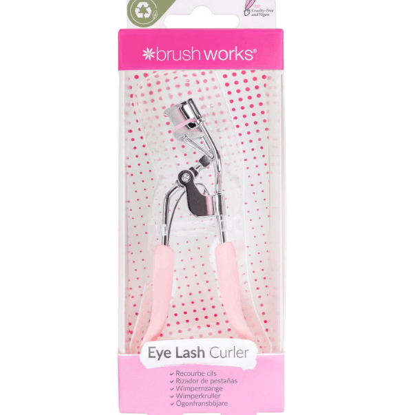 Brushworks Lash Curler in packaging, featuring silicone pads for gentle curling and ergonomic handles for control.