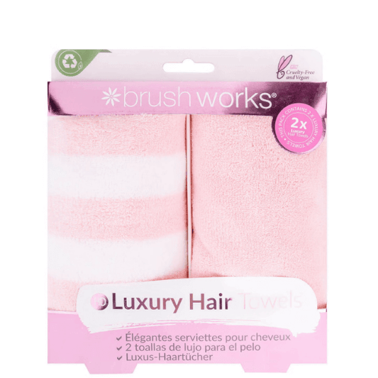 Brushworks Luxury Hair Towels (2 Pack) in pink packaging, soft and fluffy towels for reducing frizz and preventing split ends.