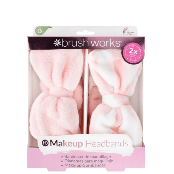 Brushworks Makeup Headbands 2 Pack in pink, ultra-soft cotton for easy skincare and makeup application.