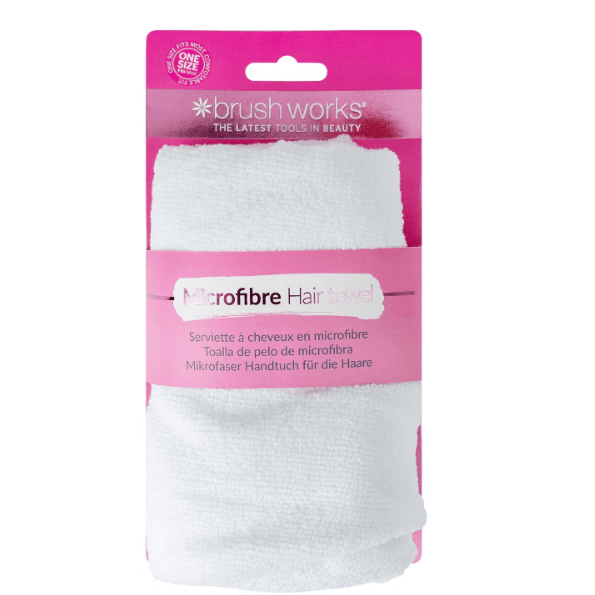 Brushworks Microfibre Hair Towel packaging, designed to absorb excess water gently and securely wrap wet hair.