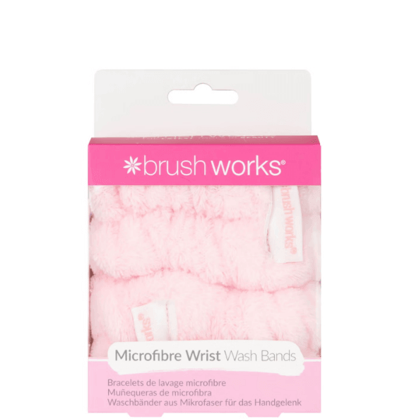 Brushworks Microfibre Wrist Wash Bands - 2 Pack in pink for mess-free face washing and drying.
