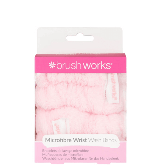 Brushworks Microfibre Wrist Wash Bands - 2 Pack in pink for mess-free face washing and drying.