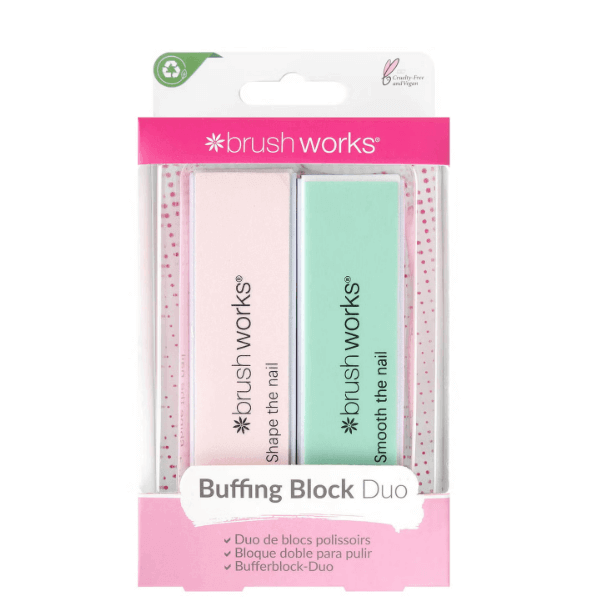 Brushworks Pastle Buffing Block Duo, featuring pink and green blocks for shaping and smoothing nails.